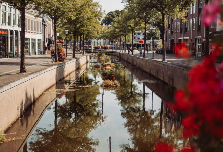 Canal pittoresque bordé d’arbres et de fleurs près de Jubbega, Frise, aux Pays-Bas par beau temps.