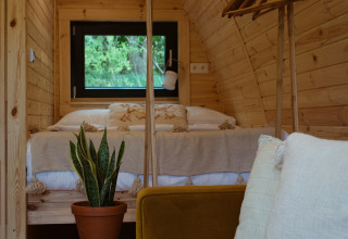 Interior of a cozy Glamping Pod with wooden walls, a bed, a plant on a table, and mustard sofa.