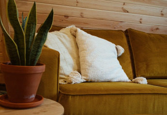 En hyggelig stue i en glamping pod med sennepsgul sofa, hvide puder, stuebirk og trævægge.