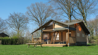 Safaritent Ranger Lodge bij Recreatiepark Den Blanken in Nederland, omringd door groen gras en bomen.