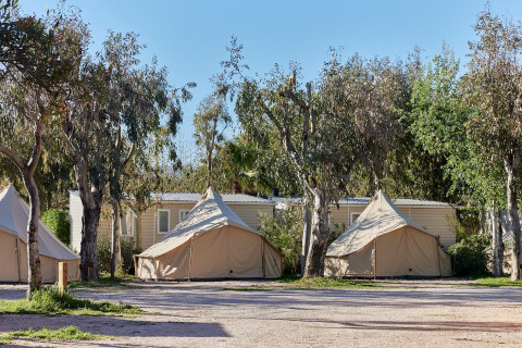 Tienda Glamping Bell Balsa en TAIGA Delta de l'Ebre, España, rodeada de árboles y luz solar brillante.