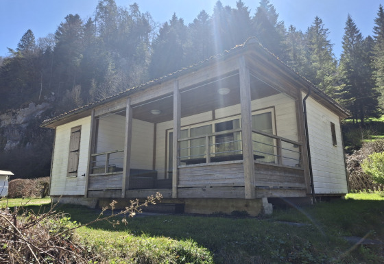 Chalet Pauline van buitenaf met houten terras, grasveld en bosrijke achtergrond in de zon.