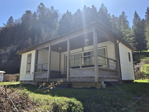 Chalet Pauline van buitenaf met houten terras, grasveld en bosrijke achtergrond in de zon.