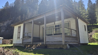 Chalet Pauline set udefra med trægulv, overdækket terrasse og skov i baggrunden på en solskinsdag.