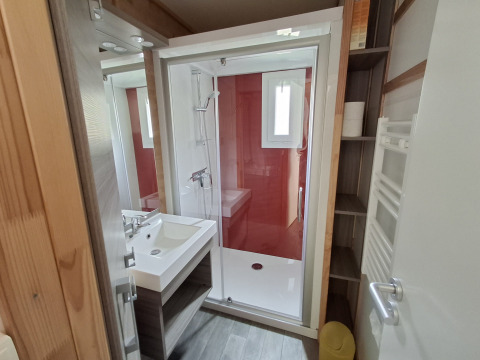 Moderne badkamer in Chalet Pauline bij Centre de Vacances Tariche in Zwitserland, met douche en lavabo.