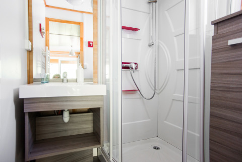 Bagno moderno in chalet con doccia e lavandino al Centre de Vacances Tariche in Svizzera.