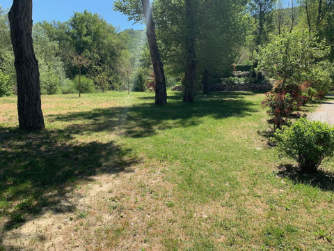 Area campeggio assolata e verde al Flower Camping La Rivière in Provenza-Alpi-Costa Azzurra, Francia, circondata da alberi.
