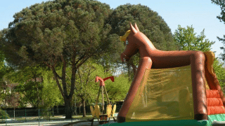 Castello gonfiabile a forma di cavallo e parco giochi al Camping Le Périgord circondato da alberi