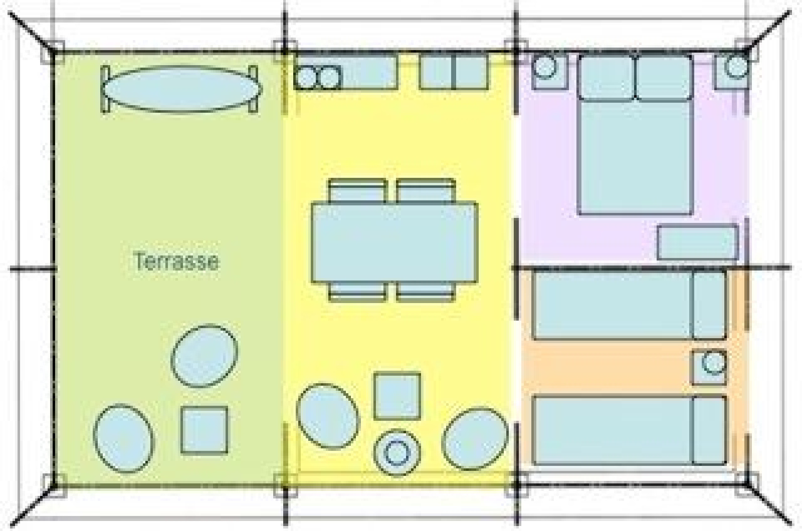 Plattegrond van een glamping-accommodatie met terras, woonkamer, slaapkamer en kinderkamer.
