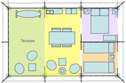 Plattegrond van een glamping-accommodatie met terras, woonkamer, slaapkamer en kinderkamer.