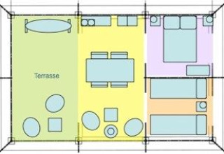 Plattegrond van een glampingverblijf met terras, leefruimte, slaapkamer en kinderkamer.