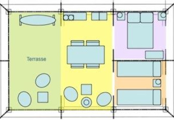 Plattegrond van een glamping-accommodatie met terras, woonkamer, slaapkamer en kinderkamer.