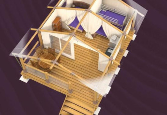 Vue 3D du Lodge op palen Confort à Flower Camping La Rivière, montrant l'intérieur et la terrasse.