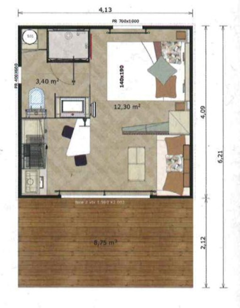 Plattegrond van Chalet Cajou Confort op Flower Camping La Rivière in Frankrijk met meubilair en afmetingen.
