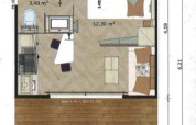 Plano de Chalet Cajou Confort en Flower Camping La Rivière, Francia, con distribución y muebles detallados.