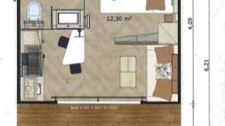 Plan du Chalet Cajou Confort au Flower Camping La Rivière en France, avec mesures et aménagement intérieur.