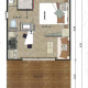 Plattegrond van Chalet Cajou Confort bij Flower Camping La Rivière in Frankrijk met afmetingen en meubilair.