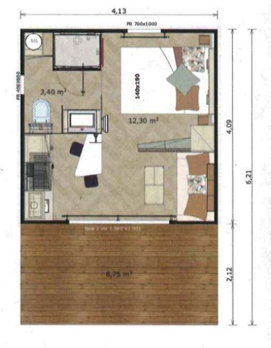 Plattegrond van Chalet Cajou Confort bij Flower Camping La Rivière in Frankrijk met afmetingen en meubilair.