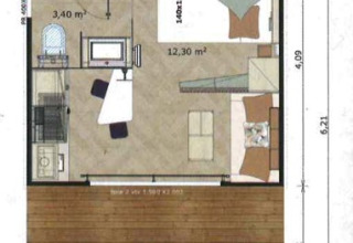Plattegrond van Chalet Cajou Confort op Flower Camping La Rivière in Frankrijk met meubilair en afmetingen.