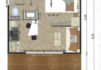 Plattegrond van Chalet Cajou Confort bij Flower Camping La Rivière in Frankrijk met afmetingen en meubilair.