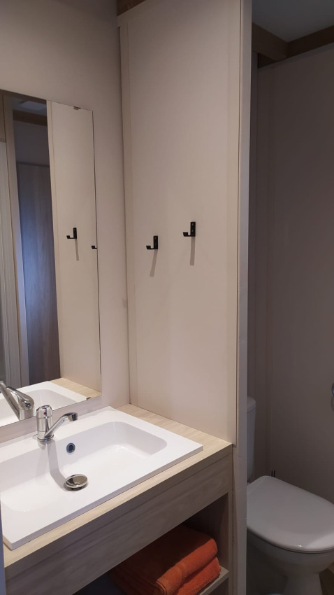 Moderne badkamer in Chalet Cajou Confort met wastafel, spiegel, handdoeken en toilet bij Flower Camping La Rivière.