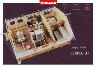 Plano 3D de una tienda tipo safari con salón, dos dormitorios, zona de cocina y área de comedor.