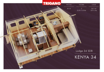 3D floor plan of a safari tent lodge with living area, two bedrooms, kitchen, and dining section.