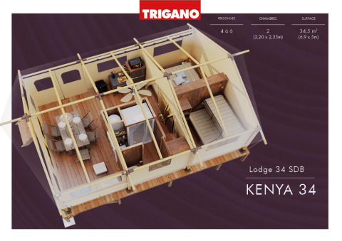 Plano 3D de una tienda tipo safari con salón, dos dormitorios, zona de cocina y área de comedor.