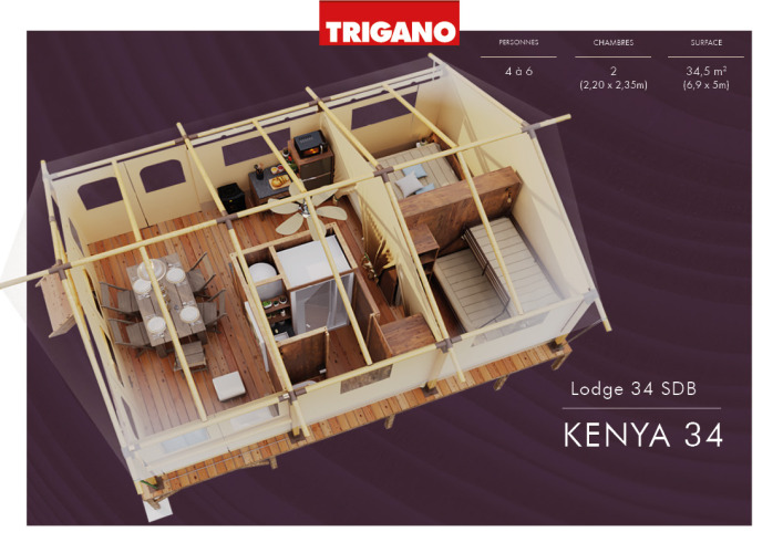 3D plattegrond van een safari lodgetent met woonruimte, twee slaapkamers, keuken en eettafel.