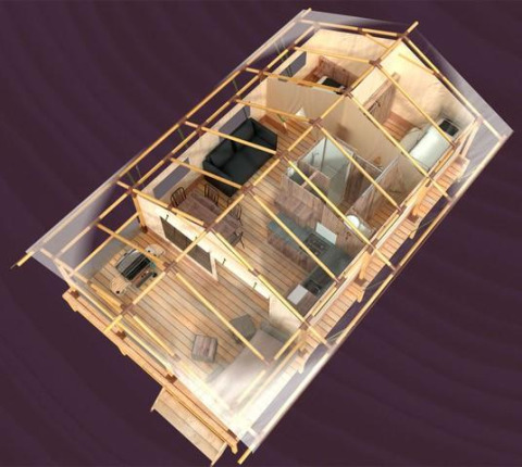 3D plantegning af Lodge on stilts Confort på Flower Camping La Rivière med interiør og struktur.