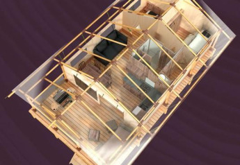 Vista del piano 3D della Lodge on stilts Confort al Flower Camping La Rivière con dettagli dell’arredamento interno.