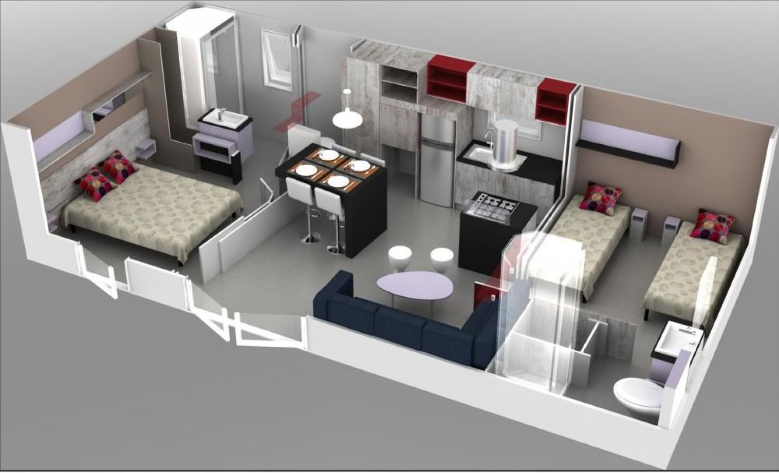 3D-indeling van een glampingverblijf met tweepersoonsbed, twee eenpersoonsbedden, keuken en zitruimte.