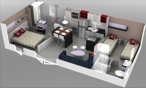Vista en 3D de alojamiento glamping con cama doble, dos camas individuales, cocina y área social.