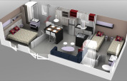 Vista en 3D de alojamiento glamping con cama doble, dos camas individuales, cocina y área social.