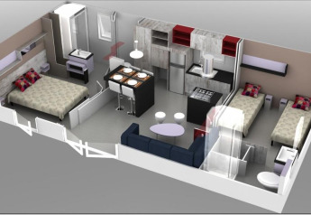 Vista en 3D de alojamiento glamping con cama doble, dos camas individuales, cocina y área social.