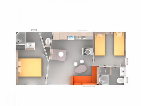 Grundriss einer Glamping-Unterkunft mit zwei Schlafzimmern, Wohnzimmer, Küche und zwei Bädern.