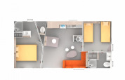 Planimetria di un alloggio glamping con due camere da letto, soggiorno, cucina e due bagni moderni.