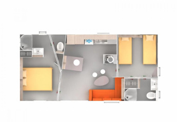 Plano de una acomodación glamping con dos dormitorios, sala, cocina y dos baños totalmente equipados.