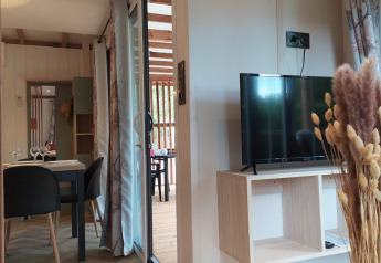 Interno luminoso di glamping con tavolo da pranzo, televisore, mobili in legno e fiori secchi.