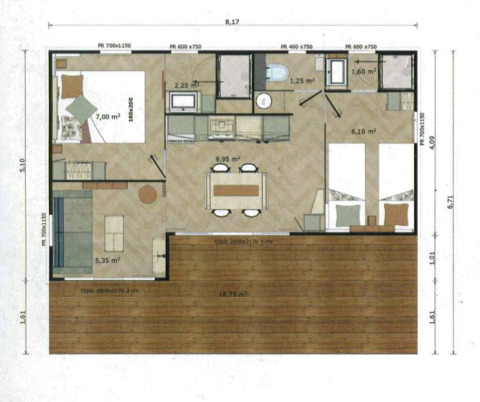 Plano de una glamping con dos dormitorios, baño, cocina, comedor, salón y una amplia terraza exterior.