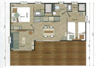 Grondplan van een glampingverblijf met twee slaapkamers, badkamer, keuken, leefruimte en grote veranda.