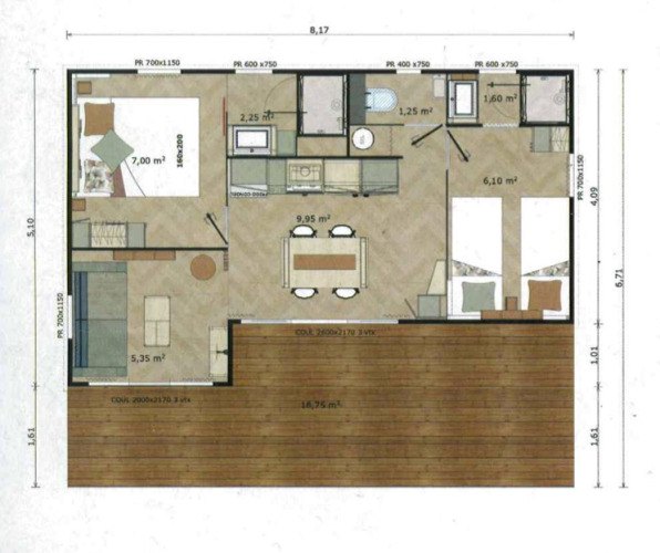 Plan d'une tente glamping avec deux chambres, salle de bain, cuisine, salon et grande terrasse extérieure.