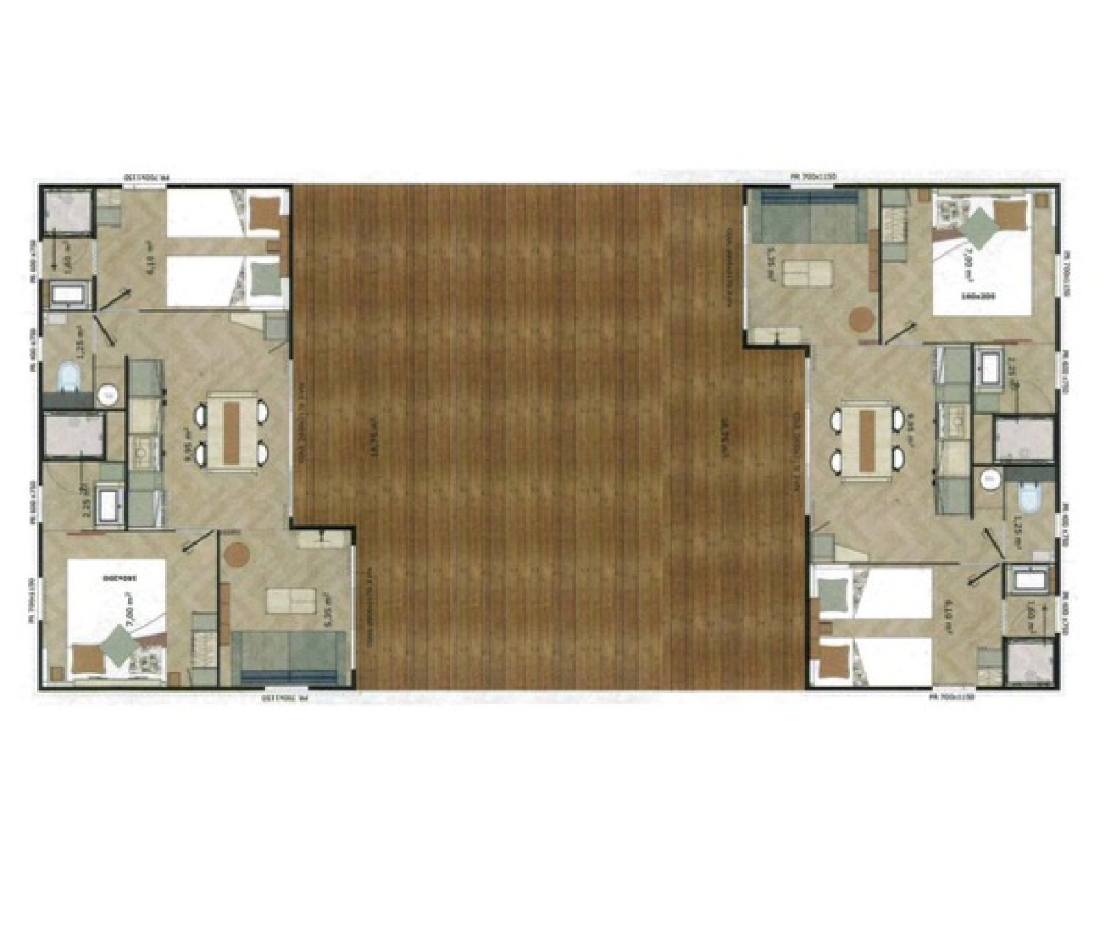 Plattegrond van Chalet Tribu Premium bij Flower Camping La Rivière, Frankrijk, met kamers en terras.