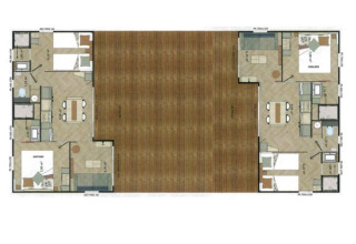Plattegrond van Chalet Tribu Premium op Flower Camping La Rivière, Frankrijk, met kamers en groot terras.