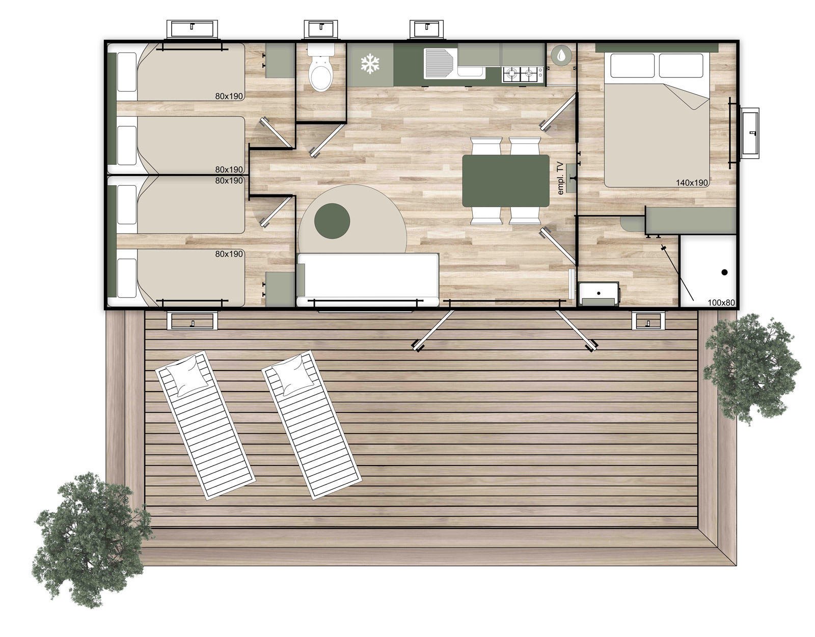 Plattegrond van een glampingaccommodatie met een tweepersoonskamer, drie eenpersoonsbedden, keuken en terras.