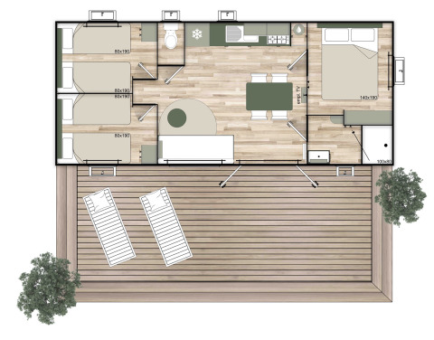 Plano de alojamiento glamping con dormitorio doble, tres camas individuales, cocina, baño y terraza.