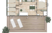 Plattegrond van een glampingverblijf met dubbele kamer, drie eenpersoonsbedden, badkamer en terras.