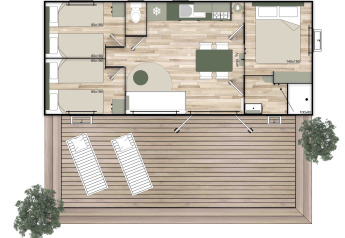 Planimetria di una sistemazione glamping con camera doppia, tre letti singoli, cucina, bagno e terrazza.