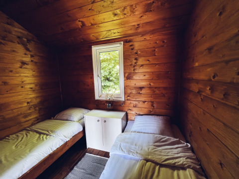 Cabaña de madera con dos camas individuales, ventana con vistas a la naturaleza y sencillo interior en Holanda.