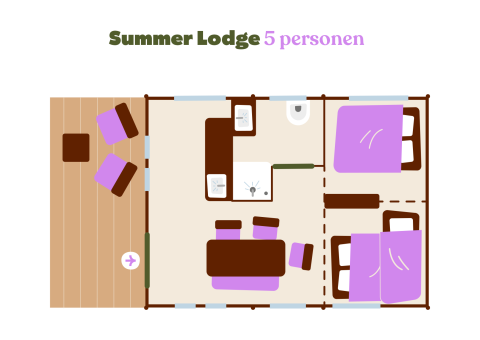 Plano de la tienda safari Summer Lodge para 5 personas en Beerze Bulten, Países Bajos, con muebles y habitaciones.